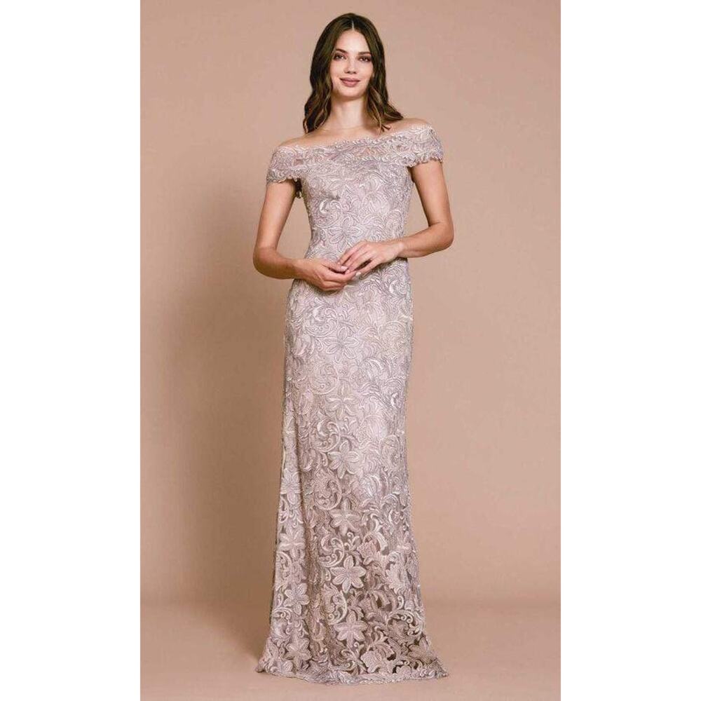 Tadashi Shoji Embroidered Off Shoulder Markle Sheath Gown Latte Size 14 NWT $781